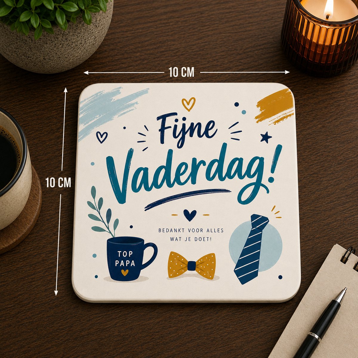 Fijne Vaderdag Onderzetter 10x10 cm – Top Papa Cadeau – Keramische Onderzetter voor Vaderdag