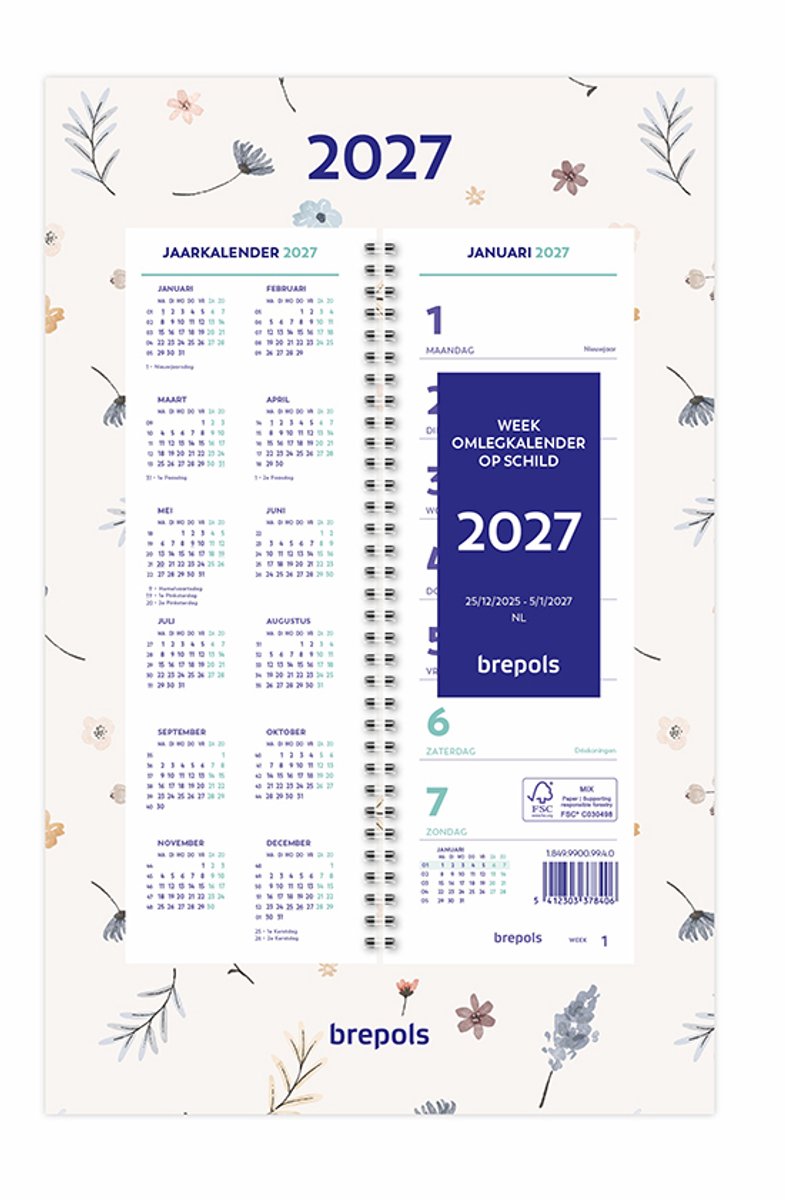 Brepols Week omlegkalender 2027 - Fantasy - Week begint op maandag - 20 x 31 cm - Beige - Bloem