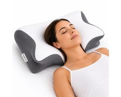 EnjoyGoods® Orthopedisch Hoofdkussen – Nekkussen – Anti-Snurk Kussen – Gijs/Wit – Nekklachten & Nekpijn Verlichting – Zijslaper Hoofdkussen Volwassenen – Verkoelend Slaapkussen – Vlinderkussen Ergonomisch – Ademend Traagschuim Kussen - Vlinderkussen