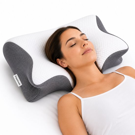 EnjoyGoods® Orthopedisch Hoofdkussen – Nekkussen – Anti-Snurk Kussen – Gijs/Wit – Nekklachten & Nekpijn Verlichting – Zijslaper Hoofdkussen Volwassenen – Verkoelend Slaapkussen – Vlinderkussen Ergonomisch – Ademend Traagschuim Kussen - Vlinderkussen
