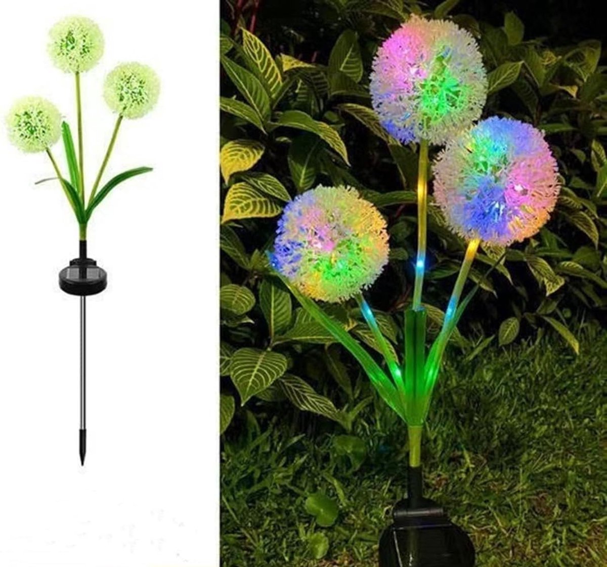 Tuinlamp op zonne-energie die een gesimuleerde paardenbloem verlicht, geschikt voor tuindecoratie, binnenplaatsaanleg en gazonversiering (3 gekleurde lampjes).