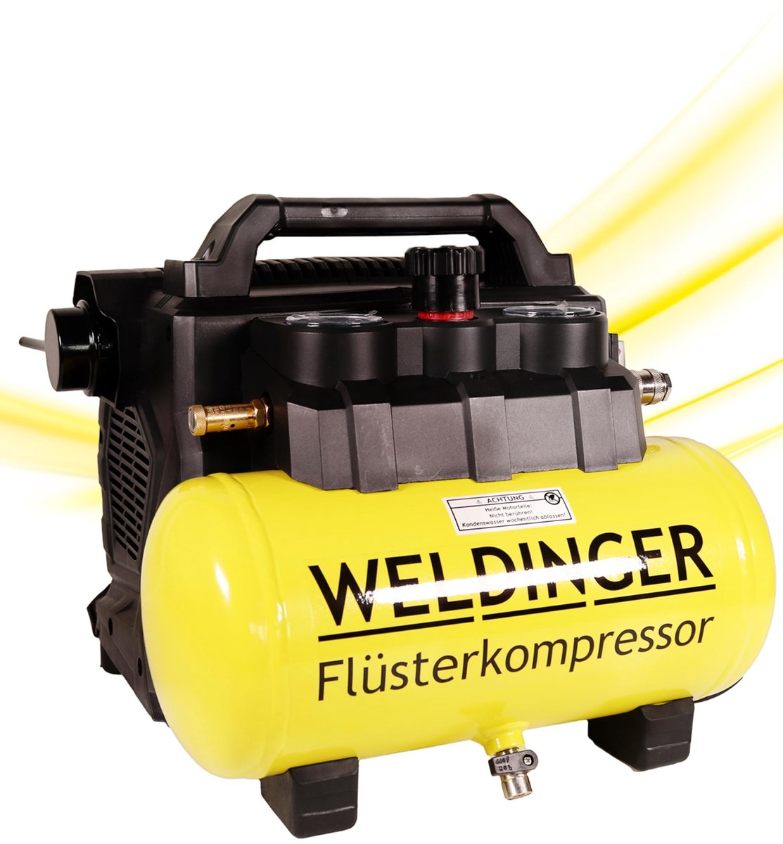 WELDINGER Fluistercompressor FK 135 pocket olievrij 1100 W luchtafgifte 135 l tankvolume 6 l drukregelaar 5 jaar garantie