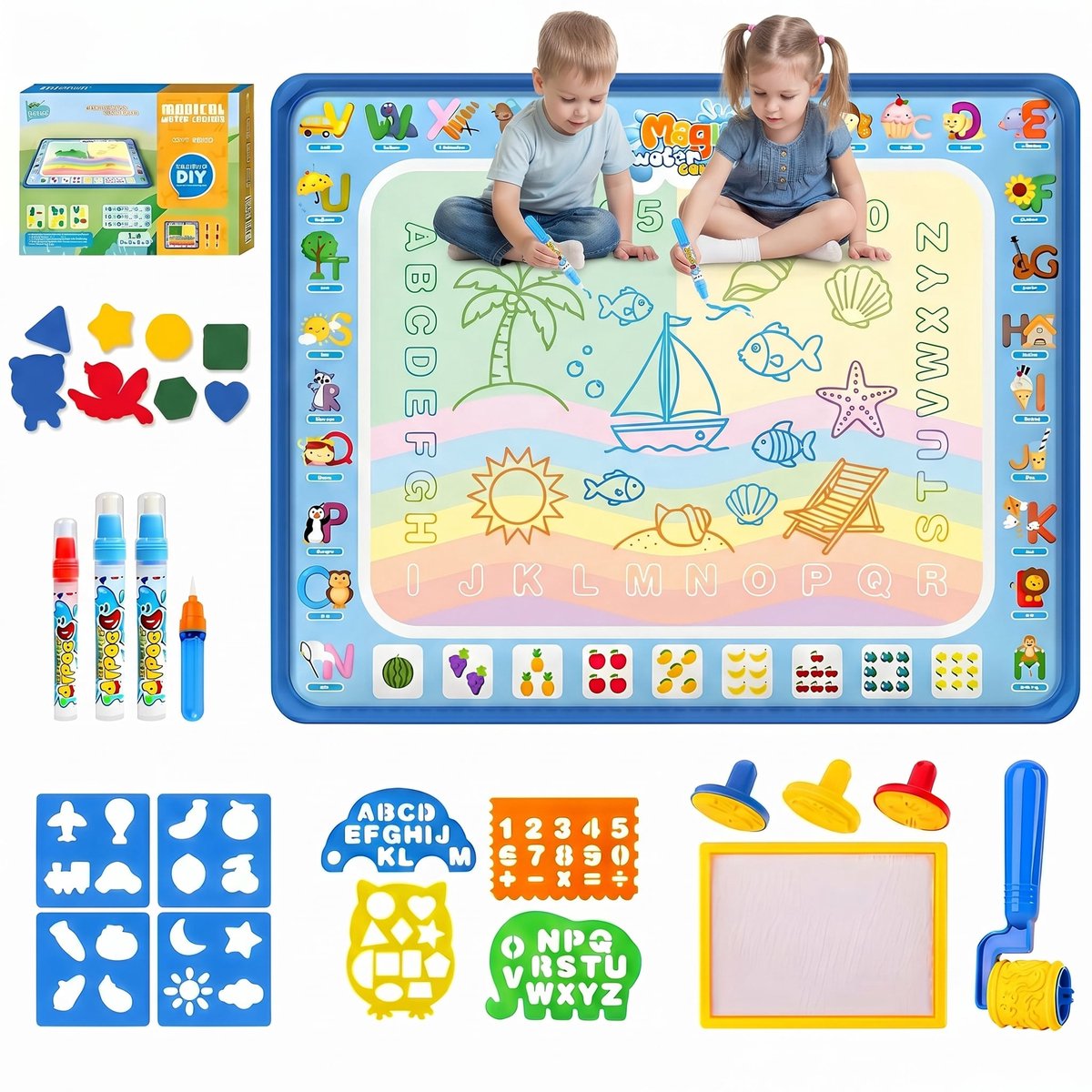Water Tekenmat Kinderen – Magic Doodle Mat – Herbruikbaar Educatief Speelgoed met Waterpennen, Stempels, Sjablonen en Accessoires – 100 x 80 cm