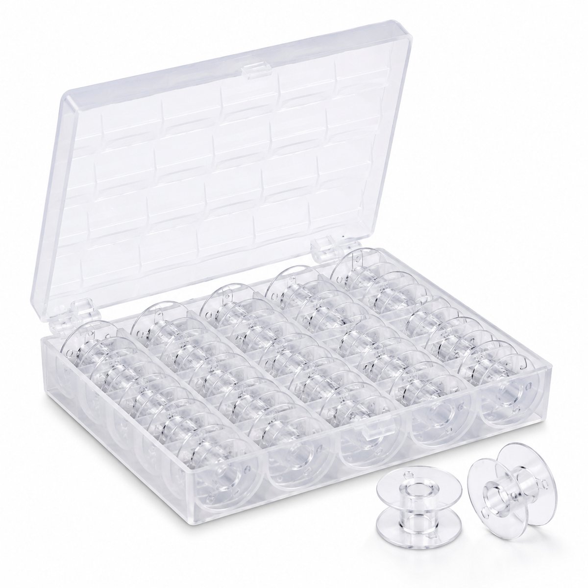 Okado Naaimachine Spoeltjes Set 25 Stuks met Opbergdoos – Universele Spoelen 20 x 10 mm – Transparant