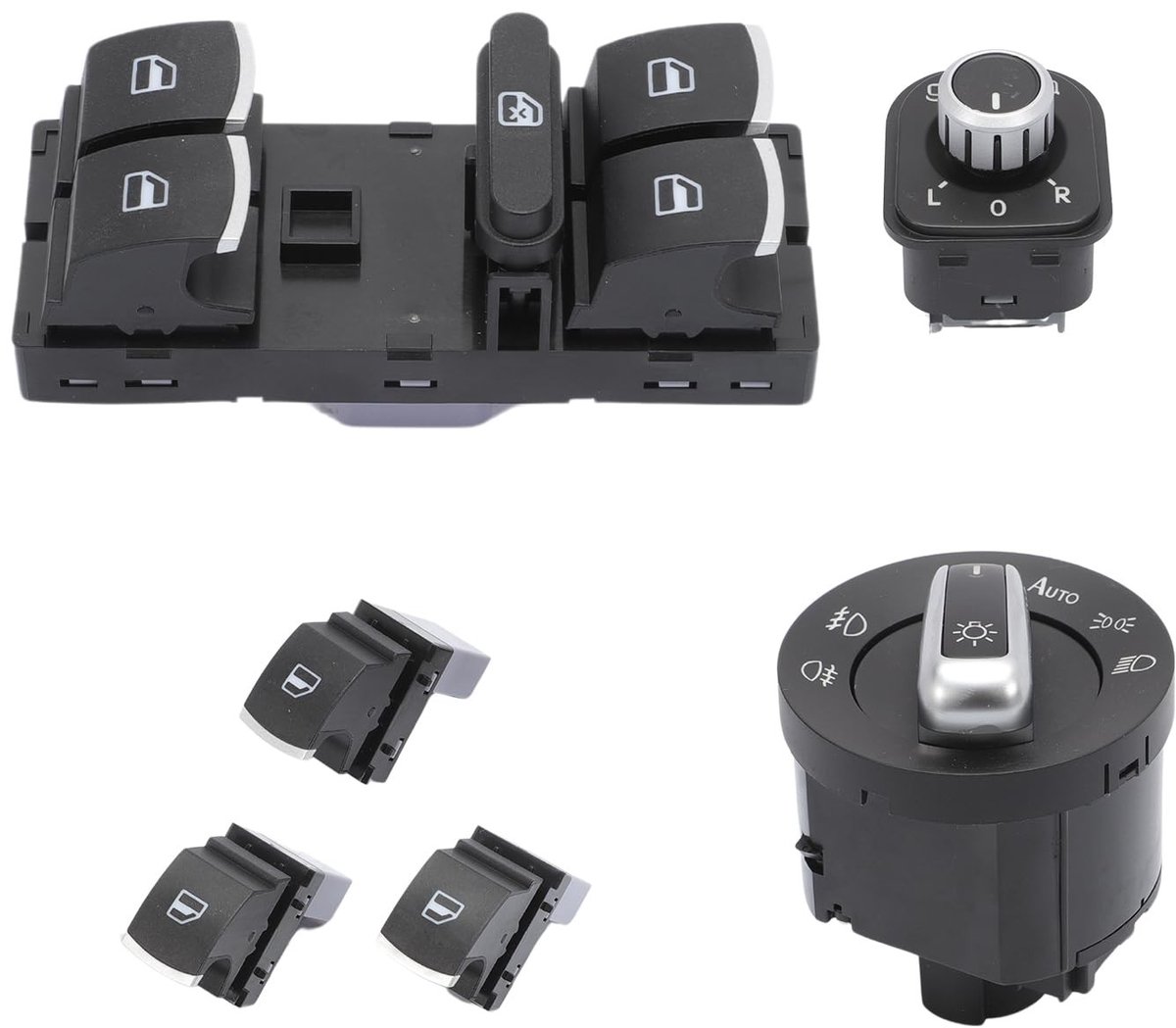 Dailygoods- Raambediening Schakelset 6 Stuks - Spiegelschakelaar - Hoofdvensterhendelschakelaar - Koplampschakelaar - Golf MK5/MK6 - Compatibel met OEM 5ND959565B - Schakelaar