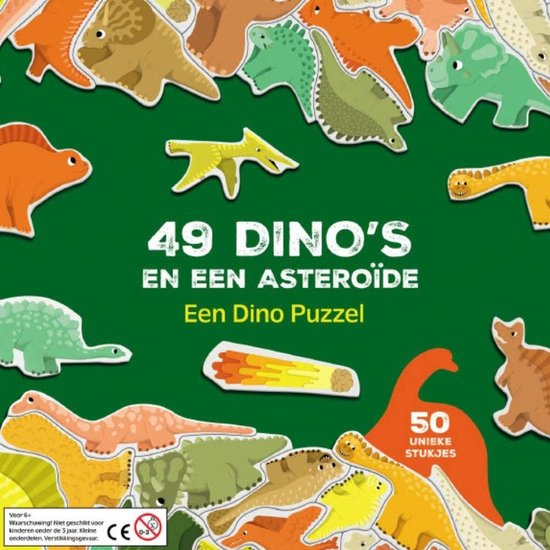 Een puzzel met 49 dinosaurussen in verschillende kleuren en een asteroïde, op een groene achtergrond. "49 DINO'S EN EEN ASTEROÏDE" staat in witte letters.