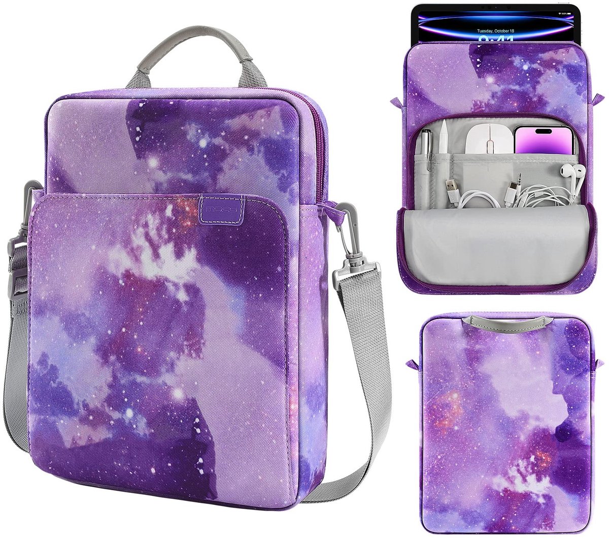 Dailygoods - Tablethoes 12,9 inch - Draagbare handtas - Paarse sterrenhemel - Geschikt voor iPad Pro en Galaxy Tab - Ideaal voor onderweg