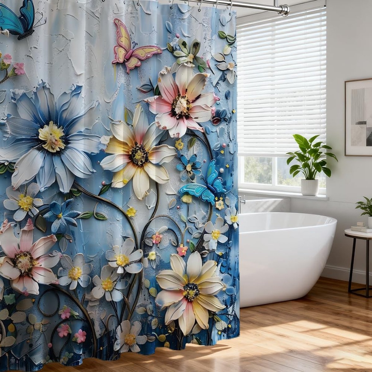 Dailygoods- Douchegordijn Waterdicht 183x183 cm - Douchegordijnset met 12 Haken - Zacht Polyester - Antischimmel - Machinewasbaar - Kleurrijke Madeliefjes/Bloemen Design - Badkamergordijn