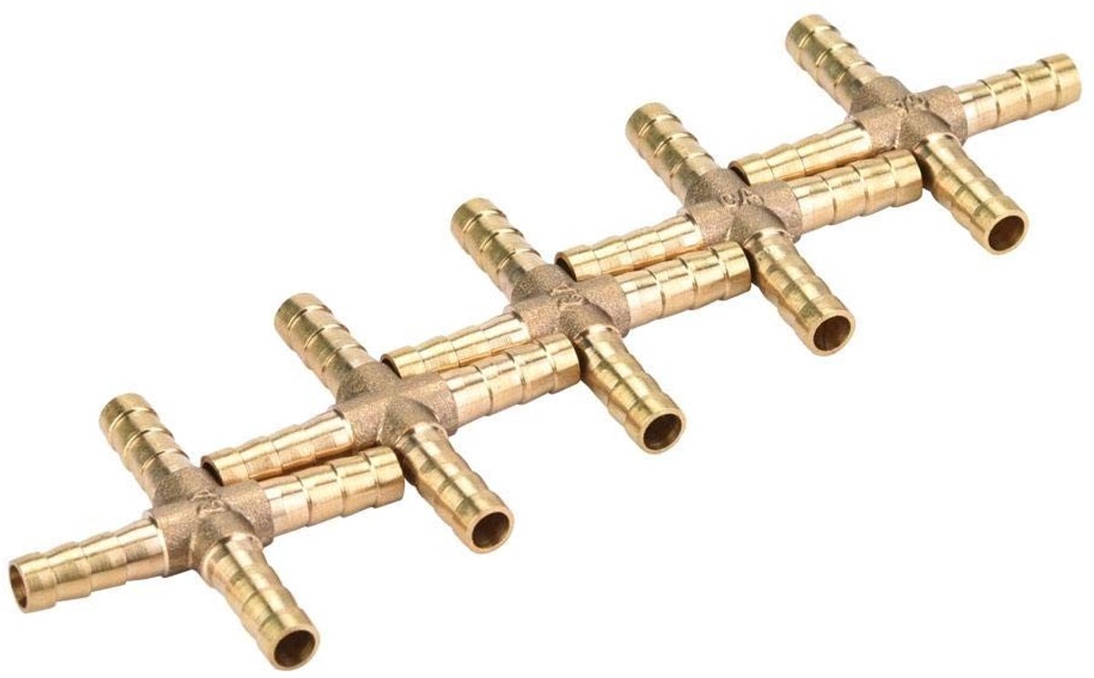 Dailygoods- Slangfitting Messing - 4-Weg Verbindingsstuk - 5 Stuks - Gatdiameter 6/8/10/12 mm - Geschikt voor Lucht/Water/Olie/Gas - Schokbestendig Ontwerp