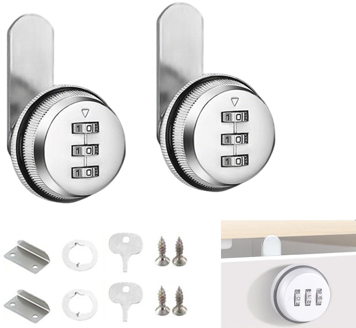 Dailygoods- Cijferslot Set van 2 - 3-Cijferig Combinatieslot - Diefstalbeveiliging - Roestvrij Staal - Noodsleutel Inclusief - Flexibel en Praktisch
