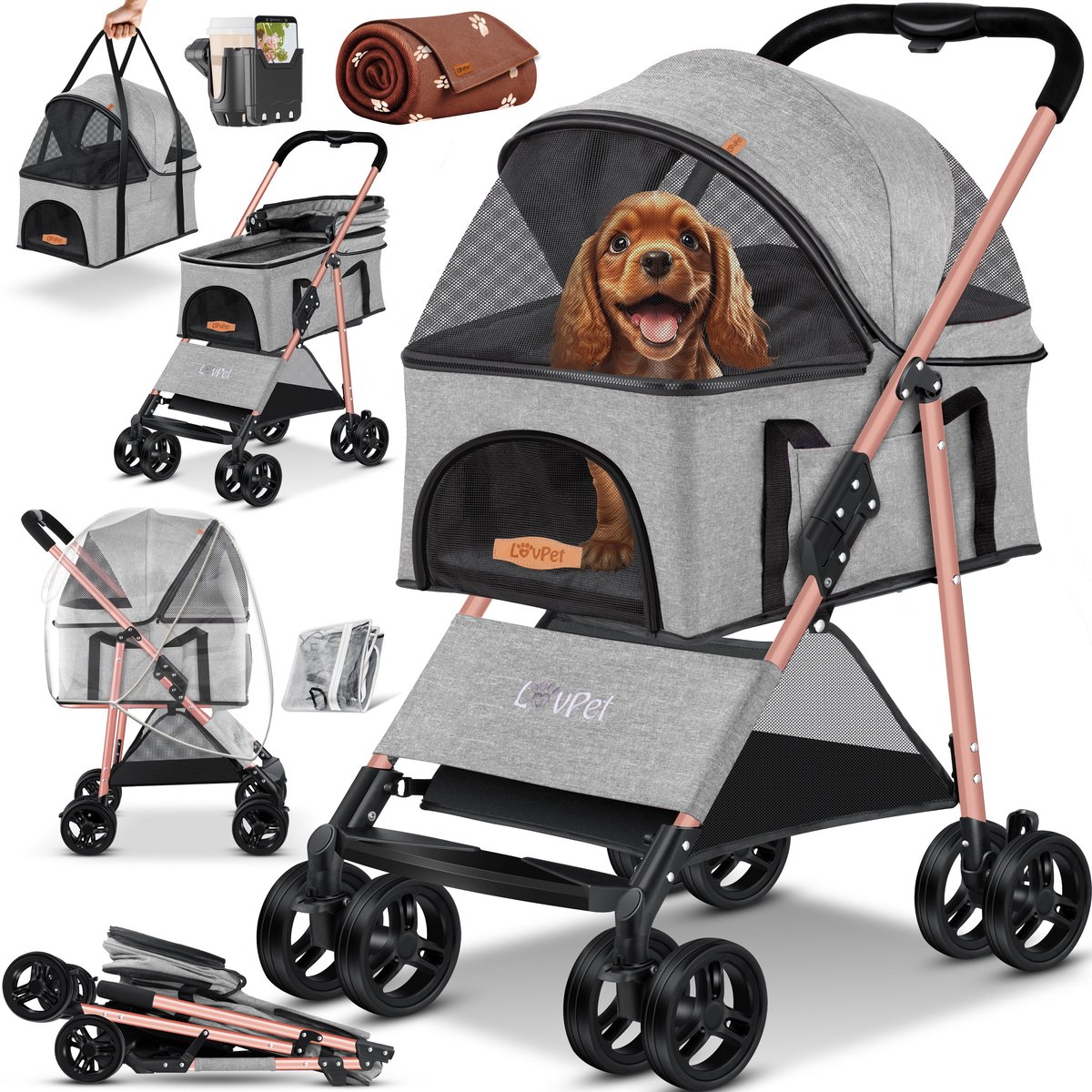 LOVPET® Hondenbuggy 2in1 Huisdieren Wandelwagen Buggy met Transporttas Opvouwbaar tot 20 kg Hondenwandelwagen met Gaasramen & Regenhoes Jogger Kattenbuggy voor Kleine Honden Katten Hondenbox - Lichtgrijs