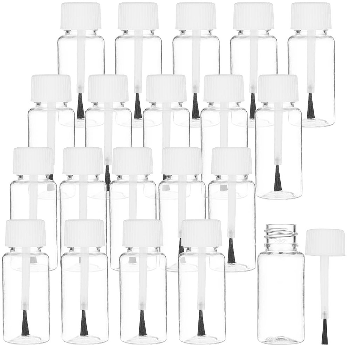 Dailygoods- Applicatorflessen 20 stuks - Lege Navulbare Flessen - Kunststof met Penseeldeksel - Lichtgewicht en Lekvrij - Inhoud 15 ml - Afmetingen 24 mm x 63 mm - Nagellakfles
