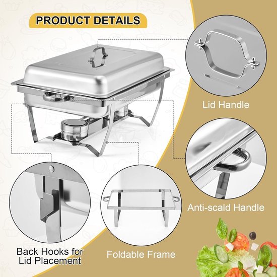 Chafing Dish Set van 2 - 9 Liter (8 Qt) - RVS Buffetwarmer - Inclusief Deksel & Brandstofhouder - Opvouwbaar - Voor Catering, Feesten & Bruiloften - Zilver — afbeelding 4