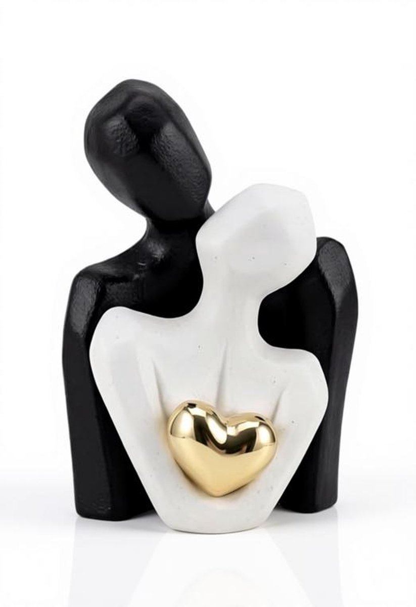 Maison Elara Keramisch paar-beeld, omarmend koppel, zwart-wit met gouden hart - 9,5 x 7,2 cm, moderne sculptuur voor binnen