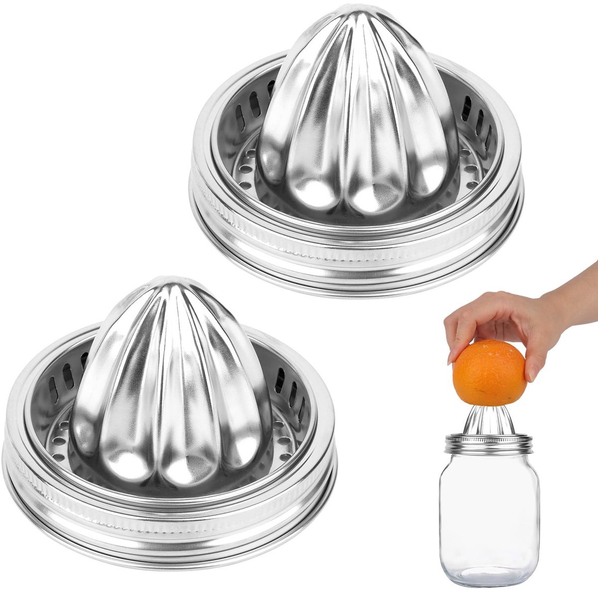 BRENZOOS- Deksels 2 Stuks voor Mason Jar - Roestvrij Staal - Schroefdop - Handpers voor Citrusvruchten - 86mm Breed - Duurzaam Materiaal - Sapcentrifuge