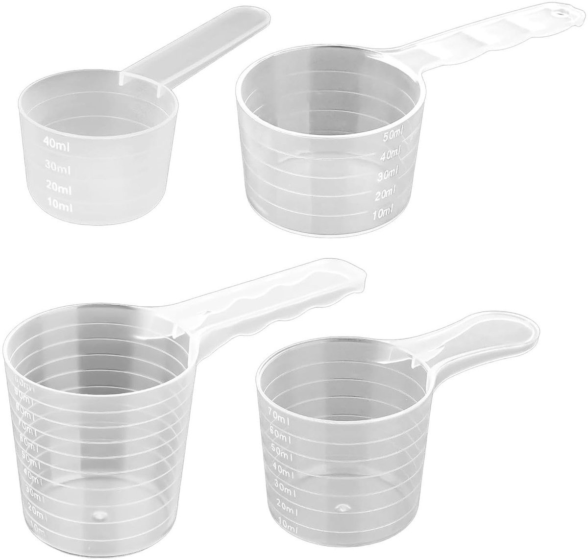 BRENZOOS- Maatlepels Set van 4 - Transparant Kunststof - Doseerlepels 40ml/50ml/70ml/100ml - Keukenbenodigdheden - Schaalverdeling - Maatlepels voor Poeders - Meetlepels