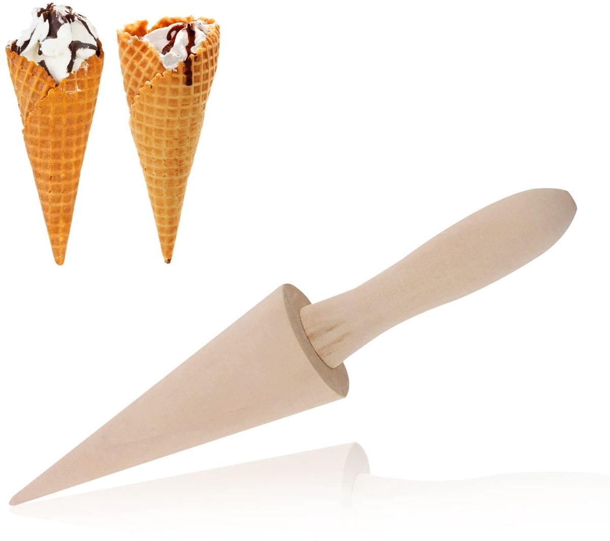 BRENZOOS- IJshoorntjesvorm Houten Deegroller - Deegroller met Handvatten - Huishoudelijke Wafelkegelmaker - 23x4,5 cm - Voor IJs en Desserts - Wafelkegel