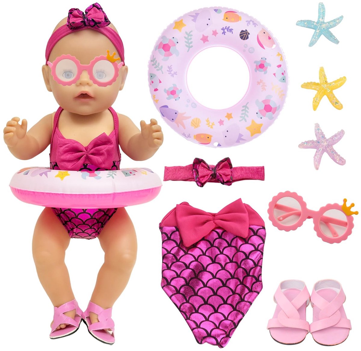 BRENZOOS- Zeemeermin Zwemset - Baby Badpak - Zwemring - Zonnebril - Hoofdband - Polyester Ademend Materiaal - Poppenzwemset