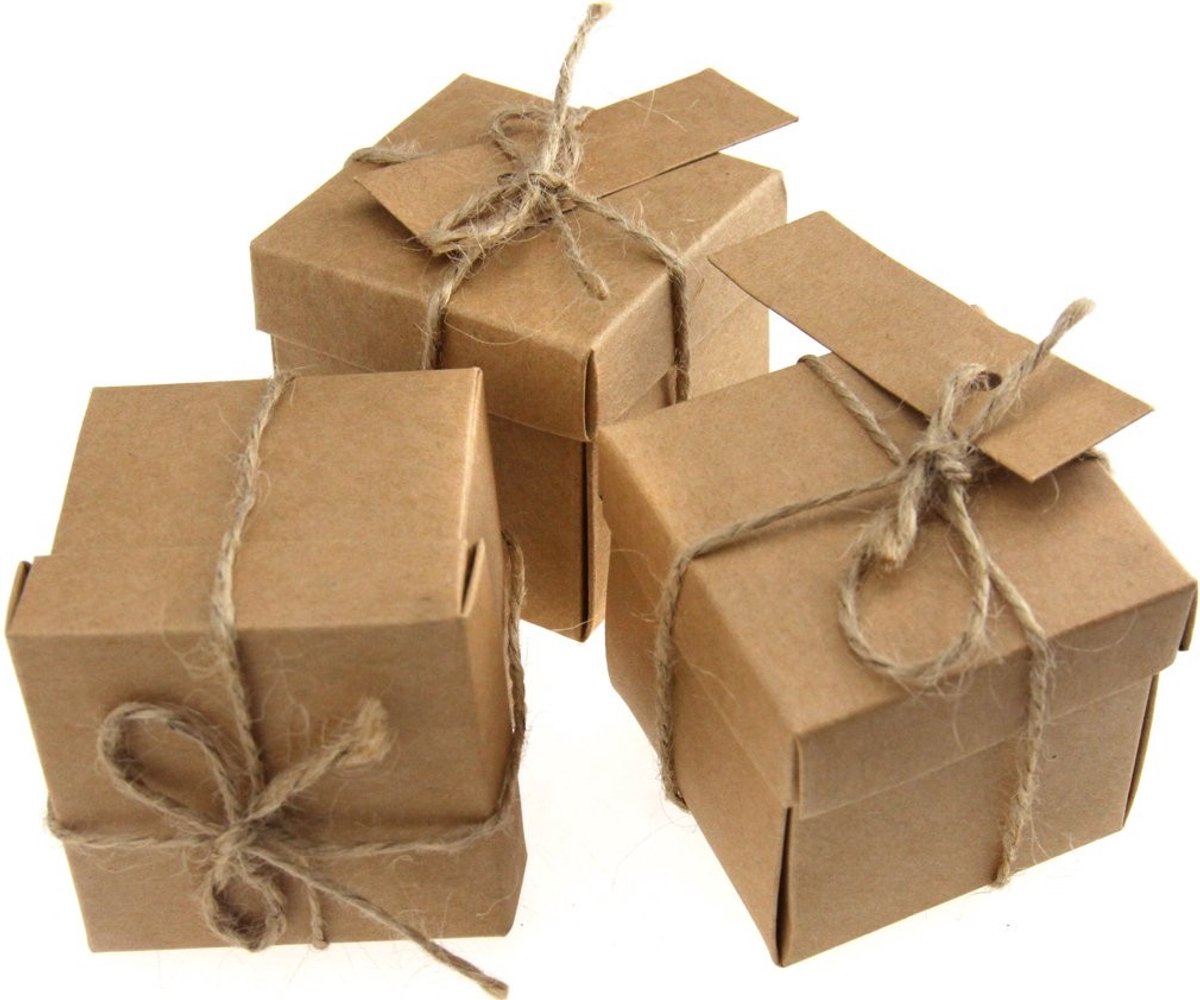 JHUBERS- Candy Boxes 20 Stuks - Kraft Bruiloft Dozen - Gunstzakken - Cadeaudozen met Deksel - 50 x 50 x 50 mm - Natuurlijke Kraftpapier