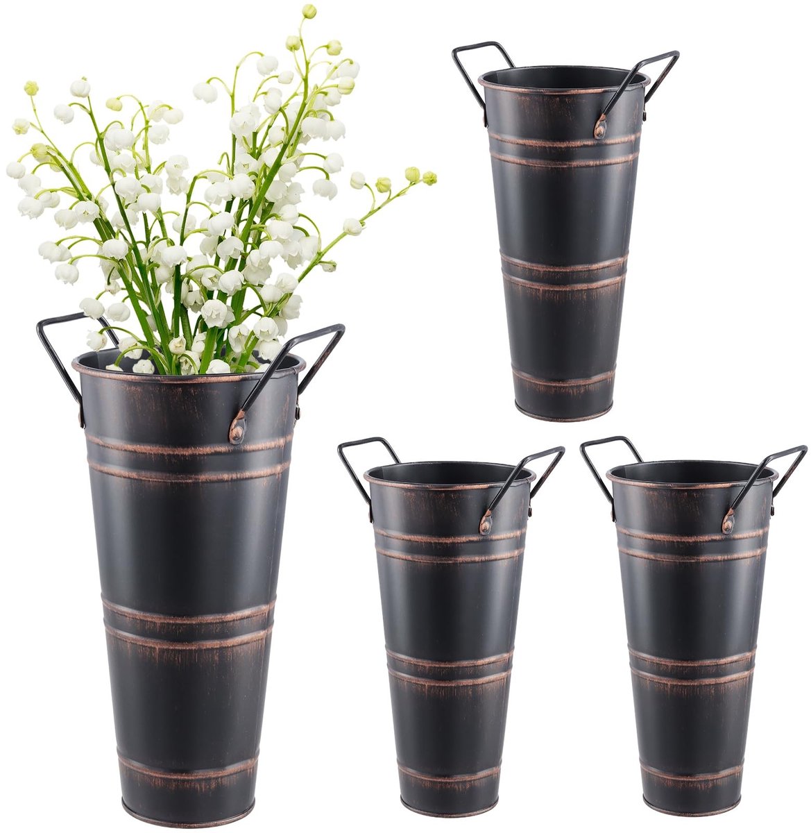 JHUBERS- Metalen Vaas Set van 4 - Gegalvaniseerde Bloememmers - Rustieke Decoratie - Zwarte Vazen - 23 cm Hoog - Koperkleurige Accenten - Bloemenemmer