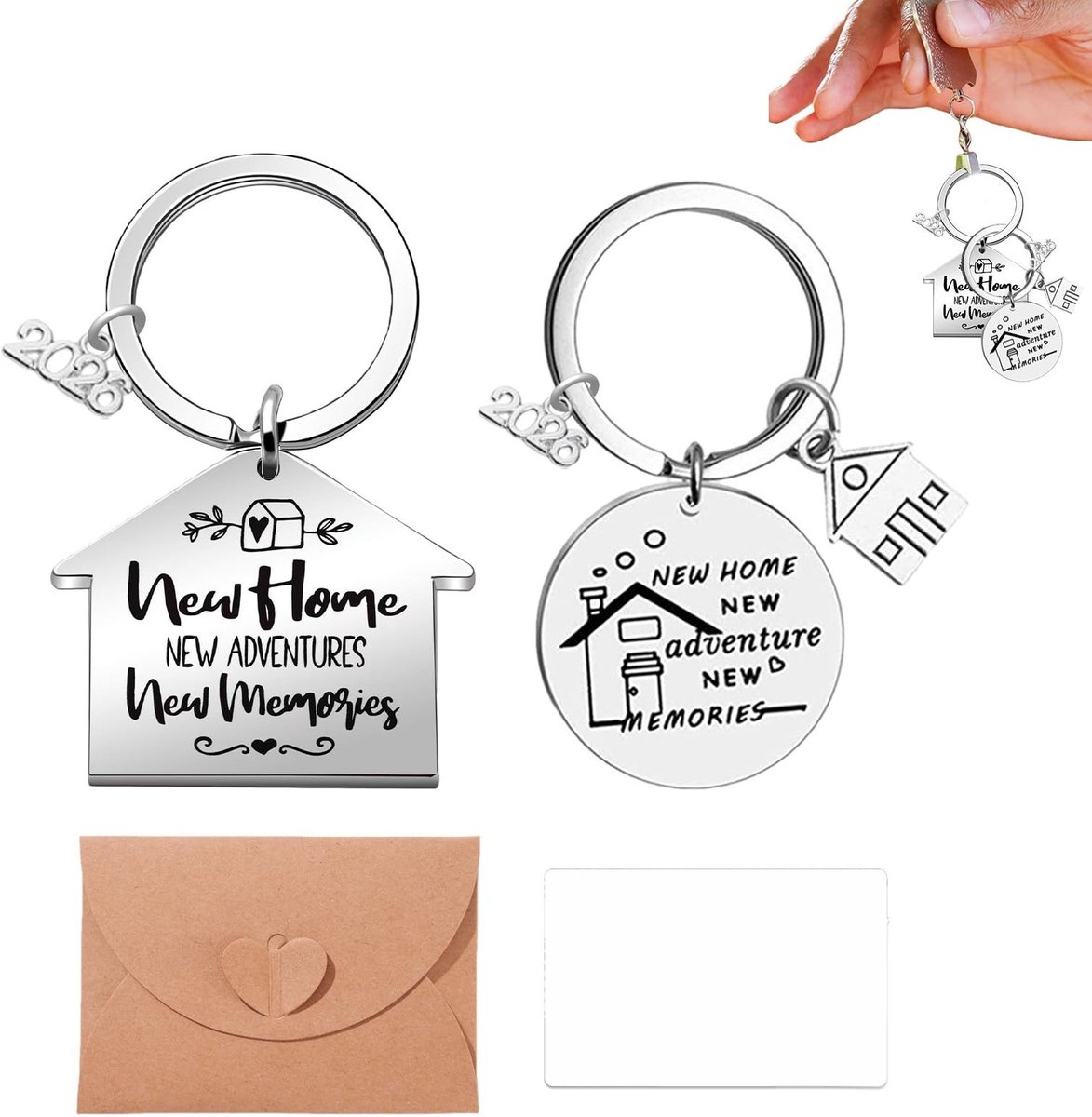 BRENZOOS- Sleutelhanger Cadeauset - 2 Stuks Sleutelhangers - Huisvorm - Jaartalhanger 2026 - Kraftpapieren Envelop - Persoonlijke Kaart - Huisdecoratie