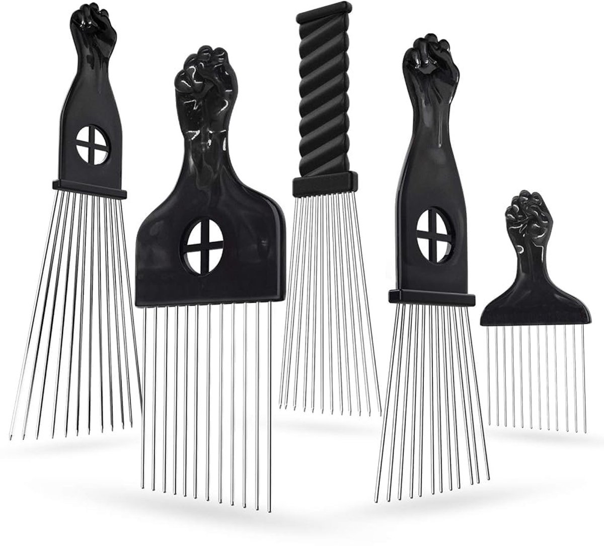 BRENZOOS- Afro Kam Professionele Styling Tool - 5 Pack - Metalen Picks - Antislip Handgreep - Roestvrij Staal - Geschikt voor Krullend Haar - Haarkam