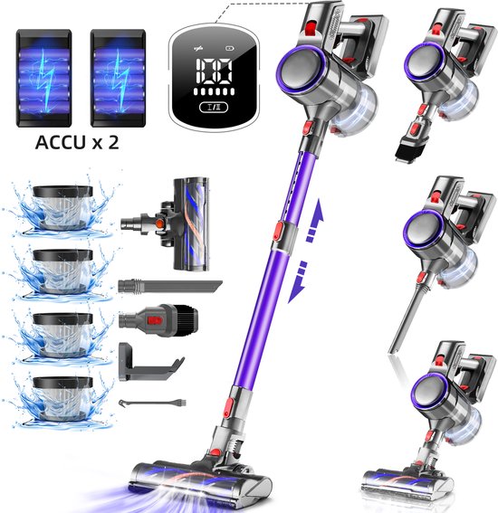 Saikefy Steelstofzuiger Draadloos - 55000 Pa - LED-display - 55 min Gebruikstijd - 2 accu's - 1,8L - 8-in-1 - 4 HEPA-filters - voor tapijt & harde vloeren - Paars