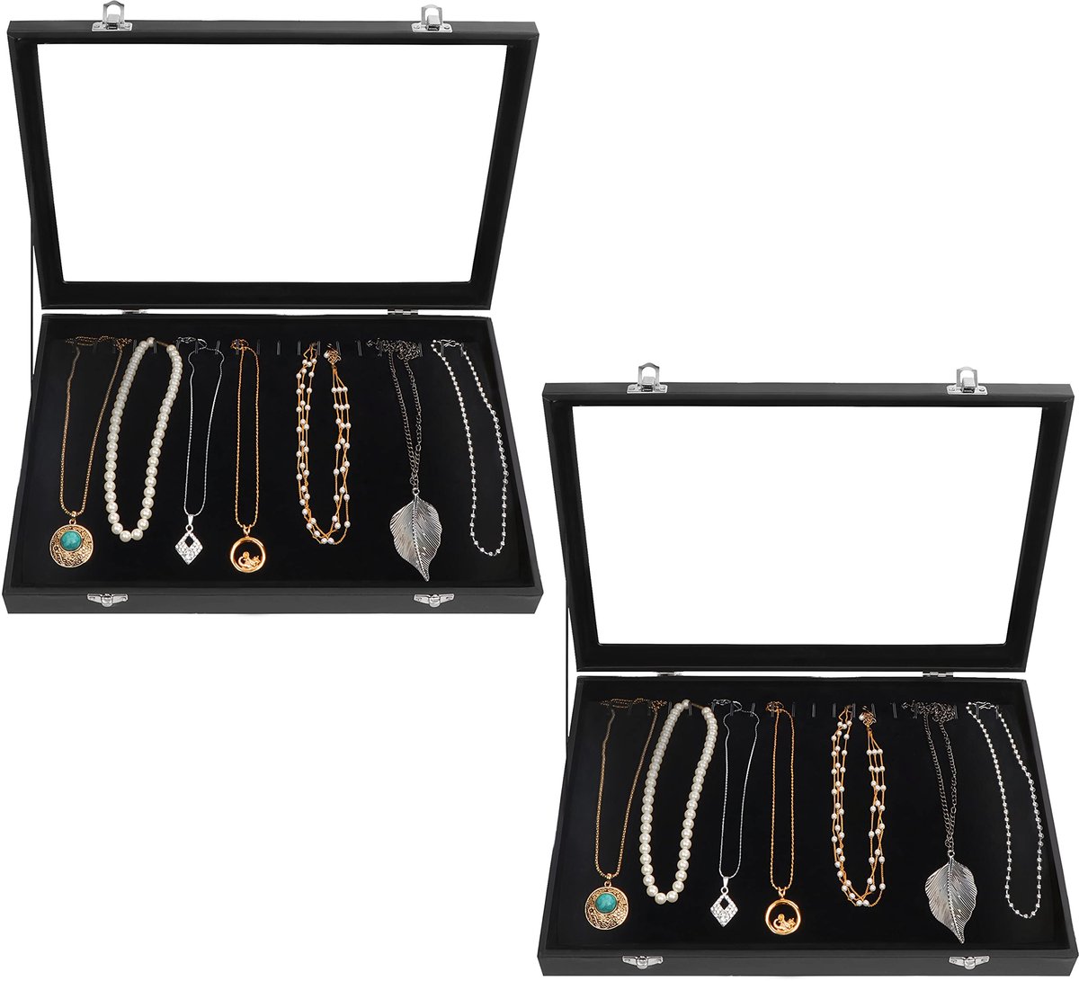 Dailygoods- Sieradenbox Zwart Fluweel - 20 Haken - Glazen Deksel - 2 Stuks - Sieraden Organizer - Afmetingen L35 x B24 x H4,5 cm - Sieradenopberger