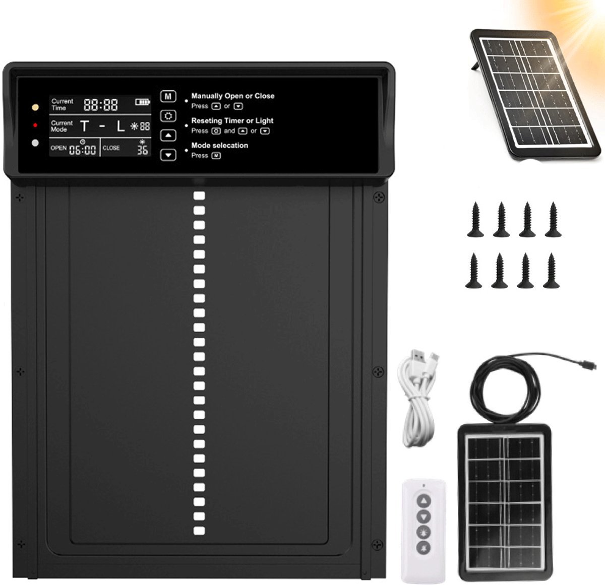 ECTEATOY® automatische-kippenhokdeur-kippenluik-werkt-op-zonne-energie-timer-handmatige-modus-anti-knel-kippenhokdeur-op-zonne-energie-aluminiumlegering-33-25-5-cm-zonnepaneel-en-montageset-kippendeur-usb-met-afstandsbediening-zwart