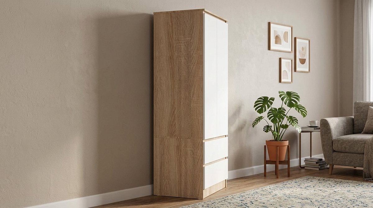 Kledingkast 2-deurs met 2 laden en kledingstang – garderobekast 60x51x180 cm Sonoma eiken/wit – vrijstaande slaapkamer kast met opbergruimte – moderne kledingkast hal/kinderkamer – House&Garden