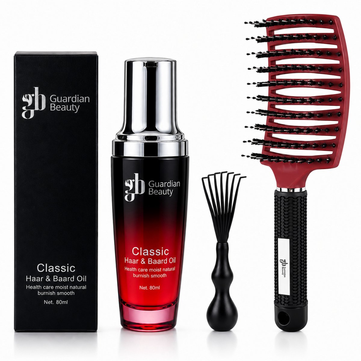 Guardian Beauty Anti Klit Haarborstel - Rood - Kappersborstel - Met Argen Haarserum 80ml + Haarborstelreiniger