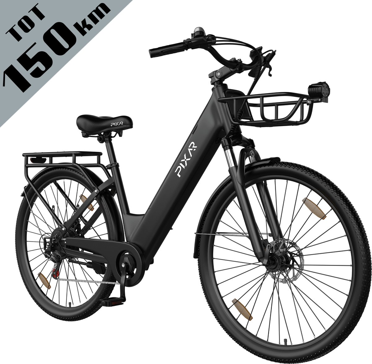 Galaxy C1 Pro Elektrische Stadsfiets 28 Inch - Tot 150 km Bereik - 36V 18Ah EVE Accu - Hydraulische Schijfremmen- 250W Motor - Shimano 7 Versnellingen - Voorvorkvering - Inclusief Mand en Telefoonhouder-zwart