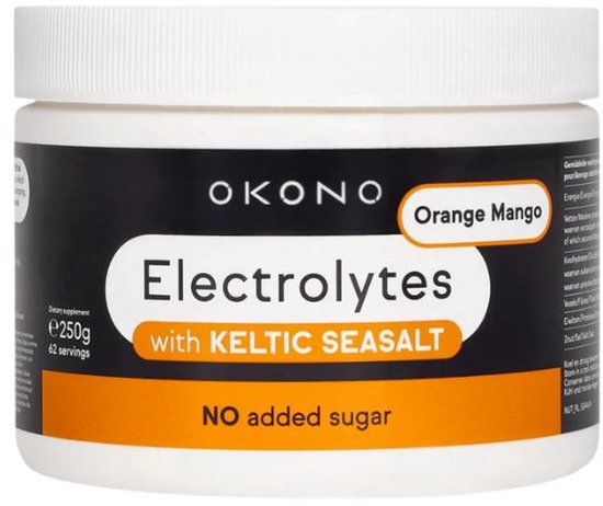 OKONO Electrolytes Orange Mango pot, 250g, 62 doseringen, zonder toegevoegde suikers.