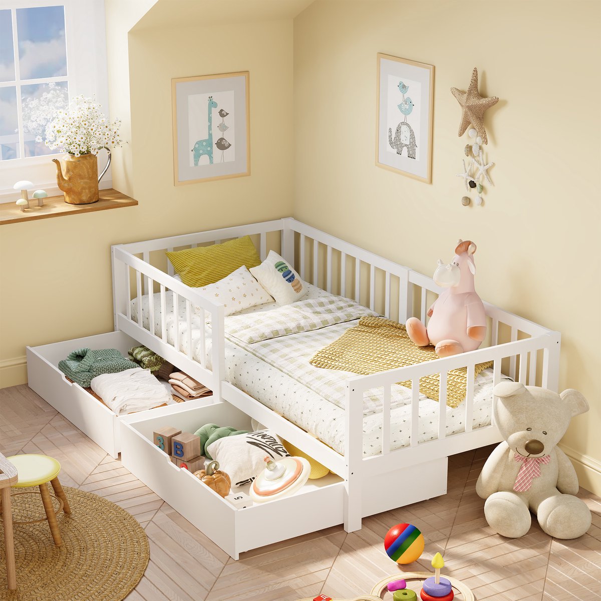 Bealife BF94 Kinderbed - 90×200 cm – Eenpersoonsbed met Lattenbodem, 2 laden en veiligheid
