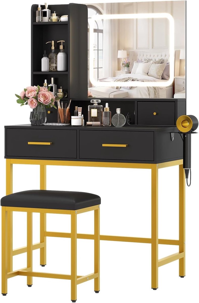 Houten kaptafel voor kinderen met spiegel, lade en krukje - Design kaptafel - Make-up- en fantasiespeltafel - Lamp niet inbegrepen, wit