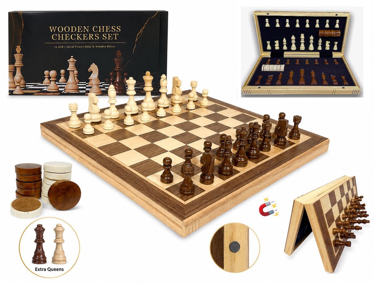 Magistro Chess Gambit - Magnetisch Schaakbord & Dambord- Opvouwbare houten schaakset met schaakstukken en damstenen- Schaakspel - Damspel - Extra Koningin - Massief eikenhout met gravure- 39cm