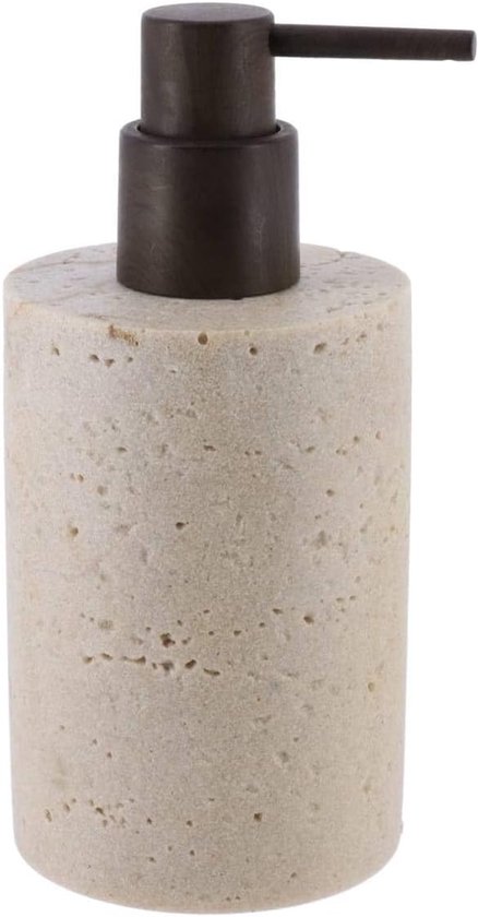Distributeur de savon cylindrique aspect travertin avec un bouton pompe foncé.