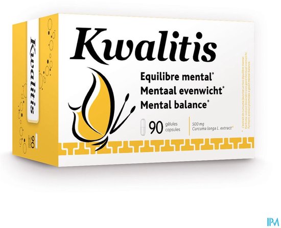 Gele en witte Kwalitis doos met 90 capsules, "Mentaal evenwicht" en een gele vlinder.