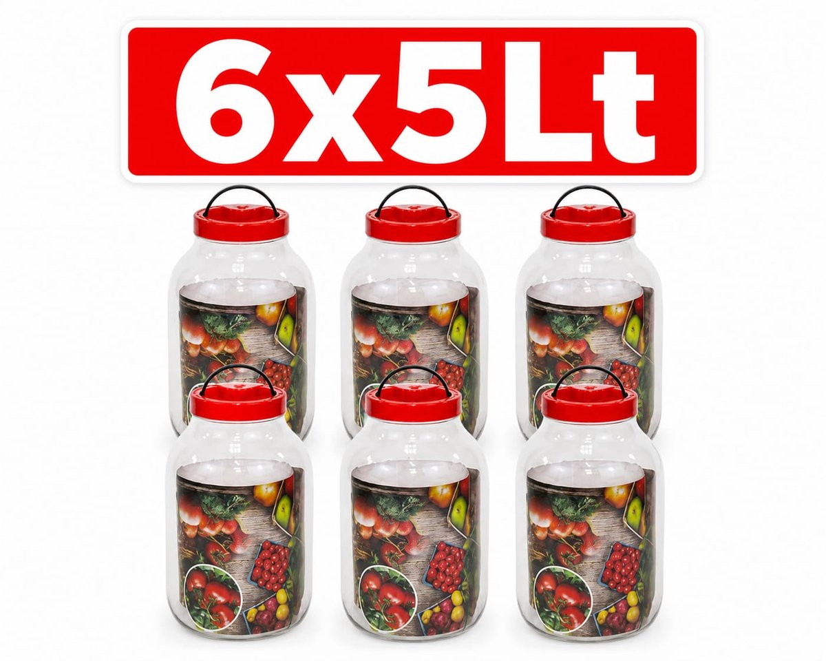 6x5 Liter Inmaakpot met Deksel - JAR en Handvat – Grote Kunststof Bewaarpot voor Turşu, Fermentatie, Opslag en Voedselbewaring
