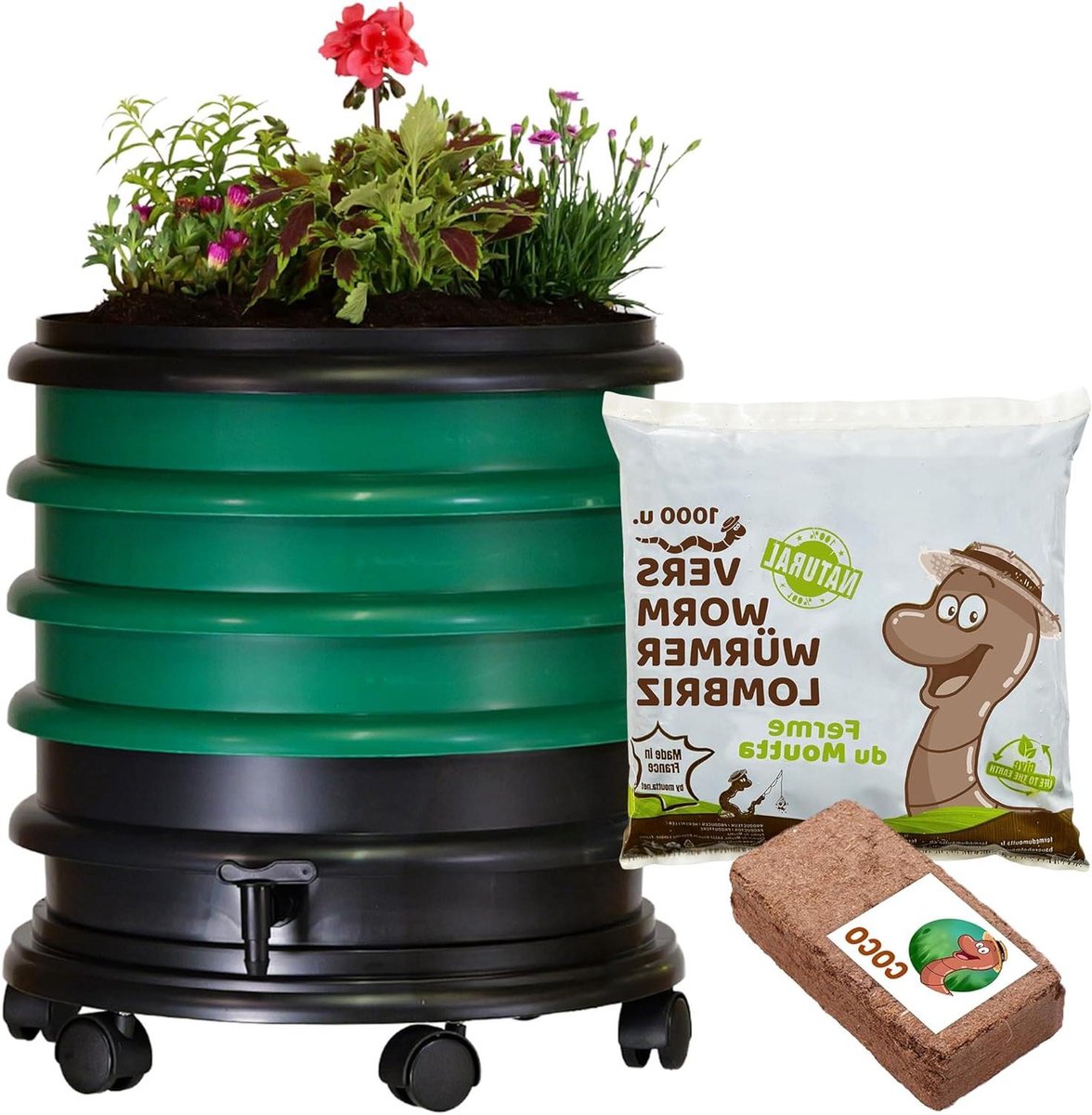 Wormenbak - Compostbak - Organisch afval verwerken - Inclusief compostwormen - 48 liter - Donkergroen