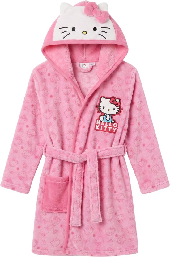 Roze Hello Kitty badjas met capuchon, overal met Hello Kitty patroon, met strikceintuur en opgestikte zakken.