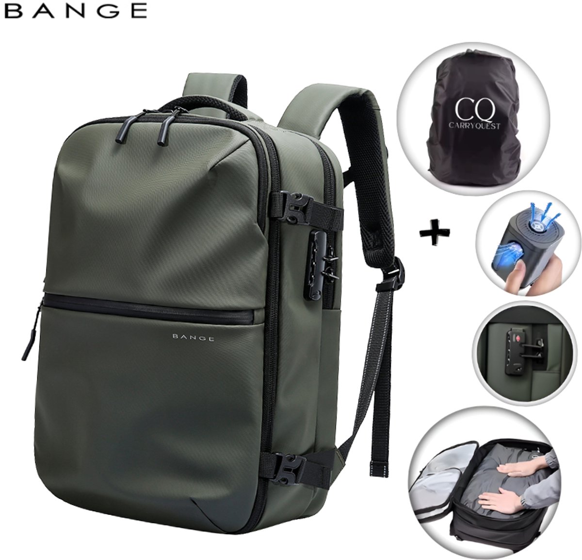 CarryQuest® - BANGE Vacuüm Rugzak circa 20-36L - Handbagage Rugzak met Vacuum Compressie - Vacuum Backpack met Compressiesysteem - Laptopvak 15.6 inch - Waterafstotend - Groen