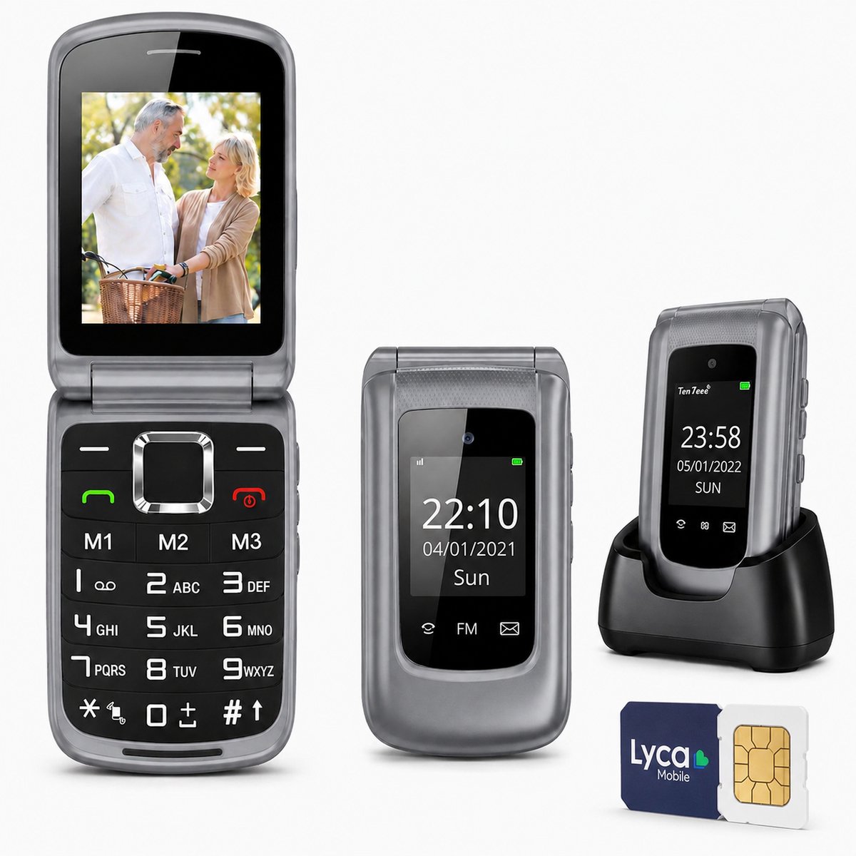 Yarvu ® - Flip 1 - Senioren Telefoon - 4G GSM + Simkaart Geleverd + Oplaadstation - Dual Sim - Grijs - Dual Scherm - Big Button Mobiele Telefoon - Grote Toetsen & Cijfers - SOS Knop - Mobiel - Ouderen