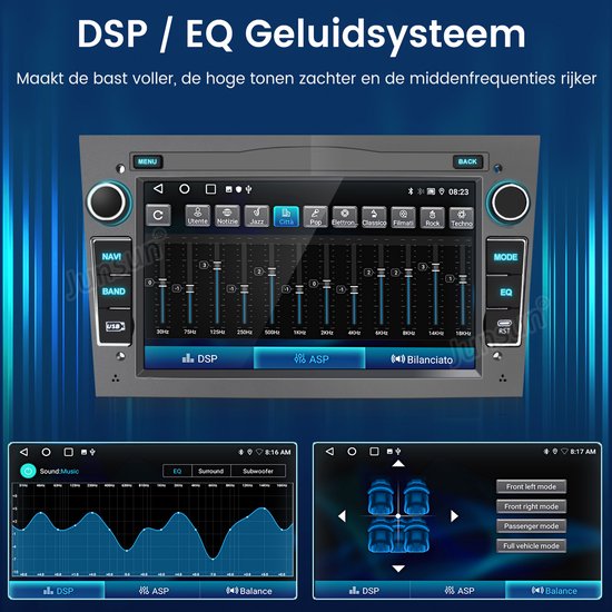 Autoradio met DSP/EQ geluidssysteem. Toont equalizer-instellingen en audio-output opties.
