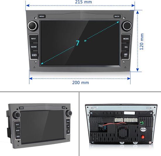 Afmetingen van een 7-inch autoradio: 215 mm breed en 120 mm hoog. Aanzicht van voren, zijkant en achterkant.