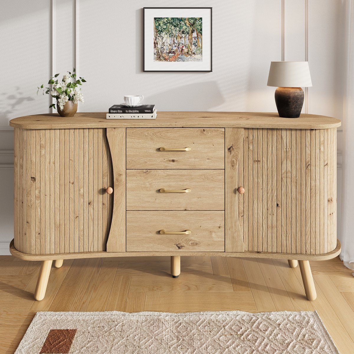 HAUSS SPOLE Dressoir - Erwtvormig Design Met Schuifdeuren En Laden - Voor Woonkamer En Hal - MDF En Houten Poten - 150x36,5x75 Cm - Naturel