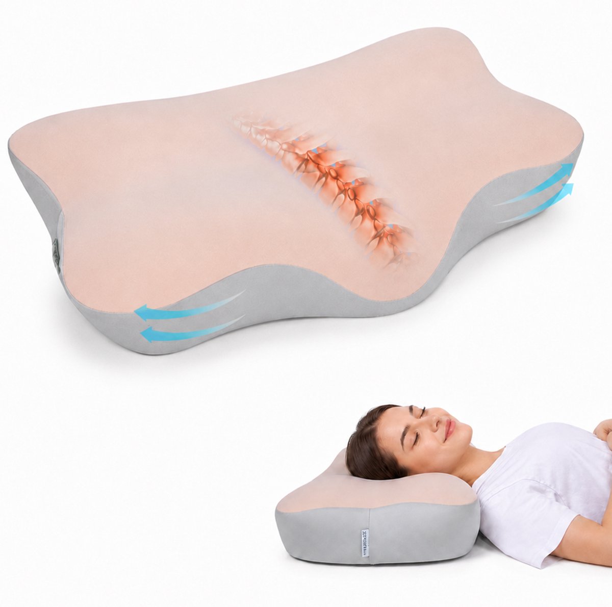 Quincs Ergonomisch kussen - Vlinderkussen - Anti snurk kussen -Voor Rug, Buik- en Zijslapers - Memory Foam - Traagschuim Slaapkussen - Kussen - Ergonomisch hoofdkussen - Extra zacht beige / grijs
