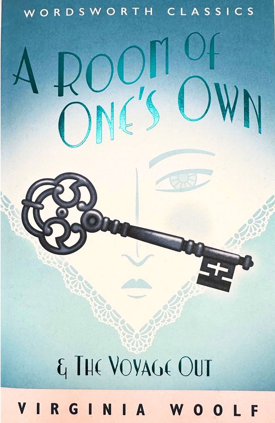 Boekomslag met de titel 'A Room of One's Own & The Voyage Out' van Virginia Woolf, met een grote sierlijke sleutel op de voorgrond en een vage afbeelding van een vrouwengezicht op de achtergrond.