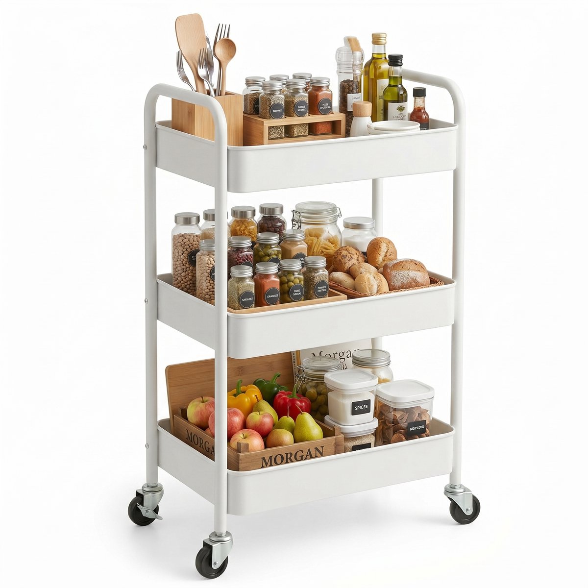 Keuken trolley op Wieltjes - 3 laags - Keukenrek - Serveerwagen - Kastje - Karretje - Opberg - Douche kastjes staand - Rekje - Wit - Luft