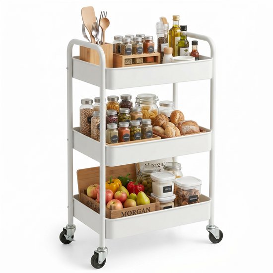 Chariot de cuisine blanc à 3 niveaux rempli de divers aliments et ustensiles de cuisine.